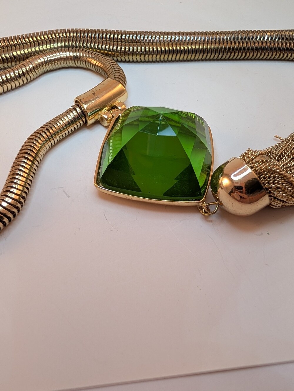 Anne Klein Vintage Gold-Tone Necklace with Green Pendant and Tassel - Picture 12 of 13